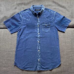 AllSaints Saddle Western Denim Shirt Medium Pearl Snap Half Sleeve Blue